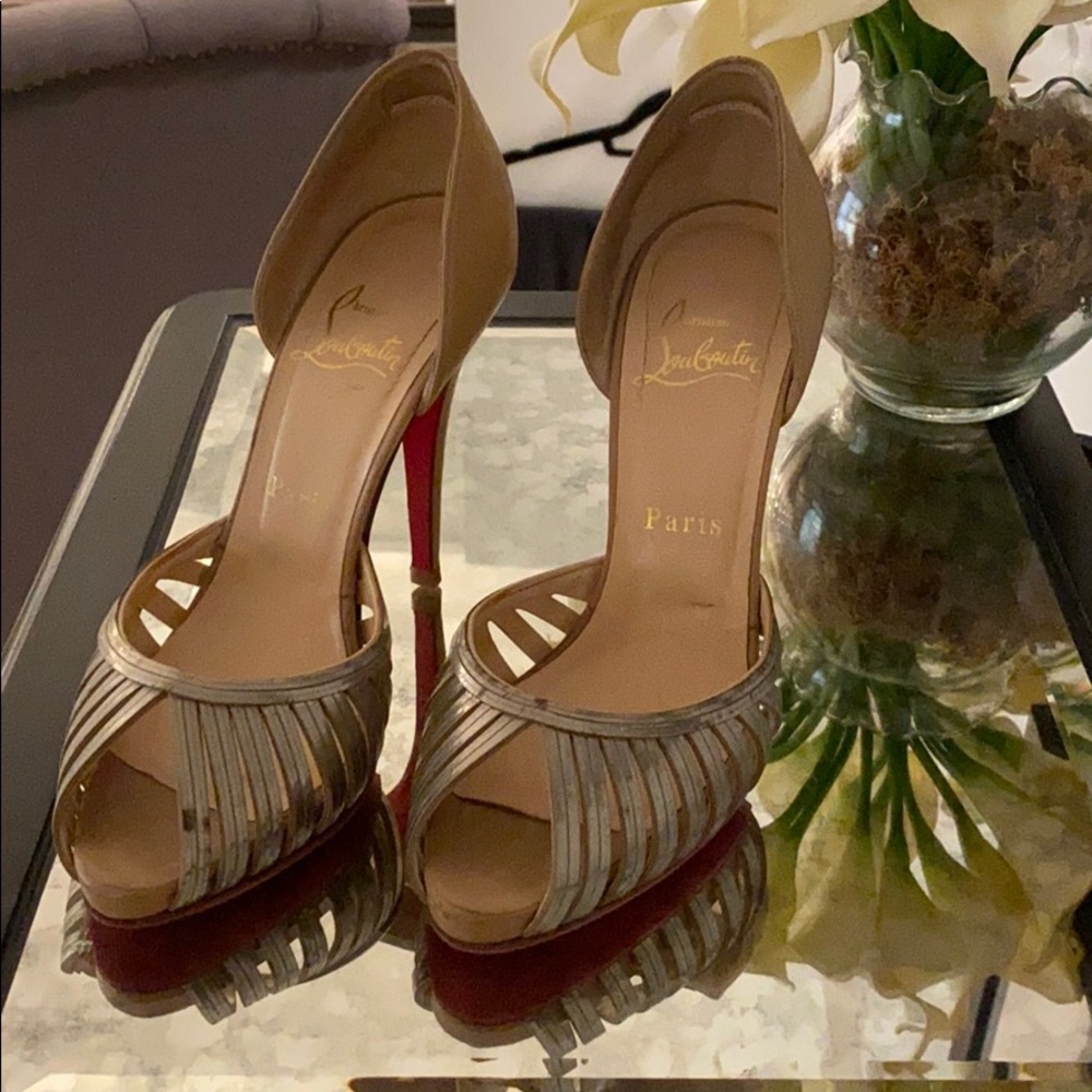 Christian Louboutin Nude and Silver Peep Toe Pump.